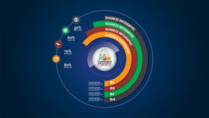 This circular business infographic shows 4 tiered option data with visual icons, different colors, and numeric labels.
