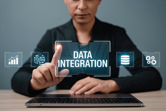 Person touching a digital screen displaying data integration with icons for analytics database and technology