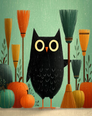 Urocza, czarna sowa stoi wśród kolorowych mioteł i dyń. Ilustracja w stylu cartoon, idealna na jesień lub Halloween, z nutą magii.
