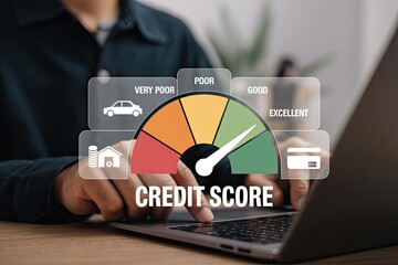 Person using a laptop to check their credit score on a digital gauge showing levels from very poor to excellent