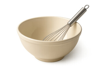 Whisk resting in empty mixing bowl on transparent background