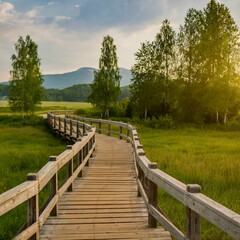 A high quality image of a weathered wooden boardwalk bridge gracefully winding through a lush green meadow. 