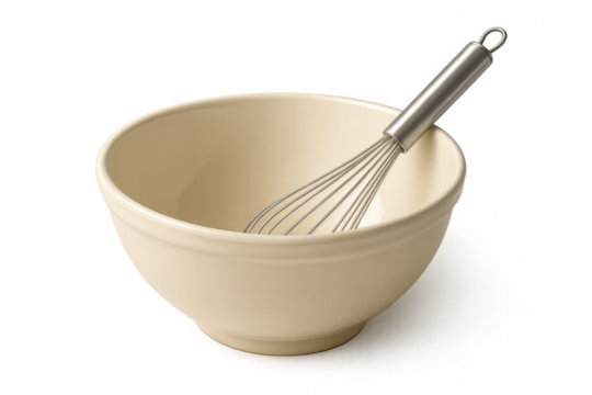 Whisk resting in empty mixing bowl on transparent background