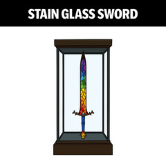 Cartoon Stained Glass Sword Vector Illustration – Fantasy Rainbow Blade in Display Case
