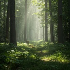 Obraz premium Sunlit Forest Path with Morning Mist