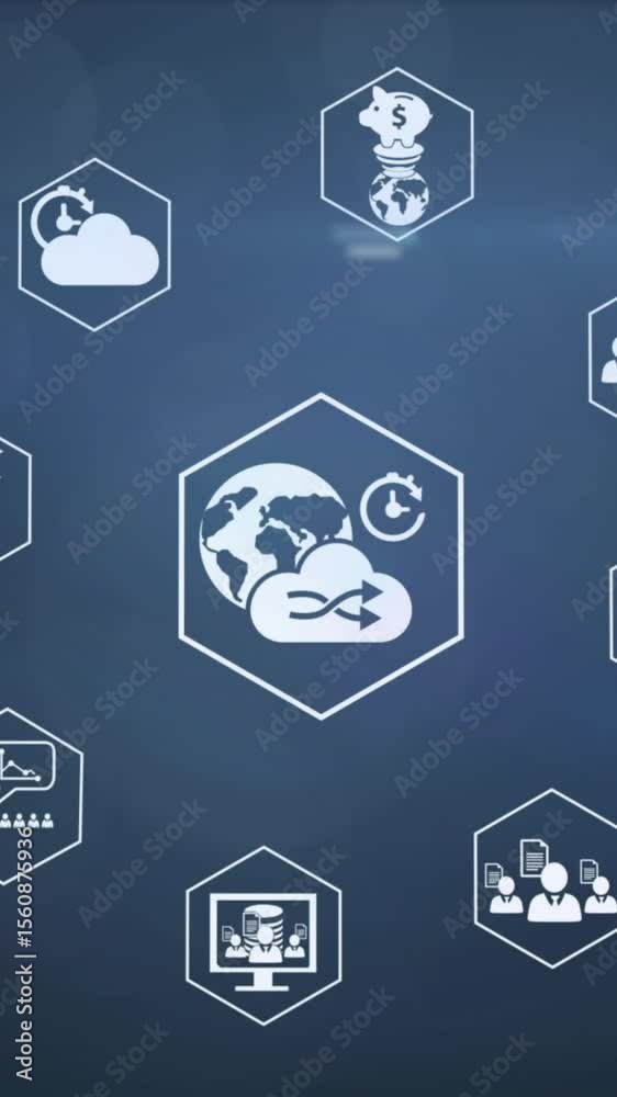 Poster animation of cloud, data transfer and business networking icons over glowing screens processing data