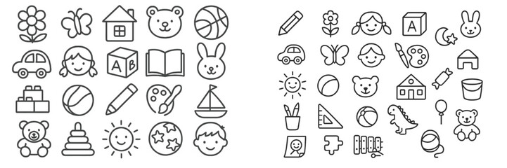 Colorful collection of playful doodles featuring children, animals, and toys in a fun, creative design suitable for a child's art area