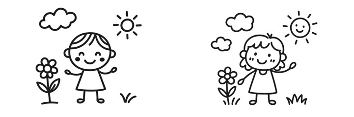 Children enjoying sunny weather while playing in a flower garden with smiles and clouds above