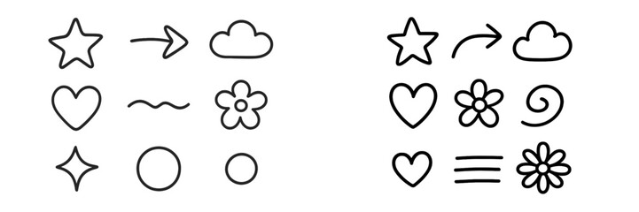 Creative doodles of various shapes and symbols including hearts, stars, and flowers drawn with simple lines on a blank background