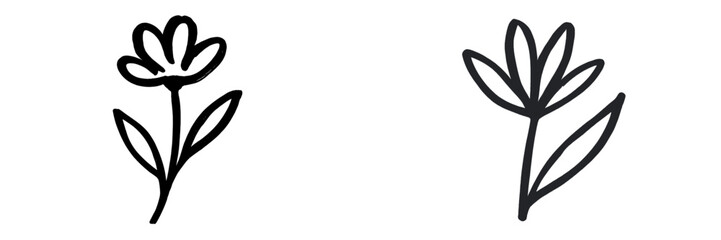 Simple line drawings of flowers showcasing two different styles, perfect for artistic inspiration or decorative elements