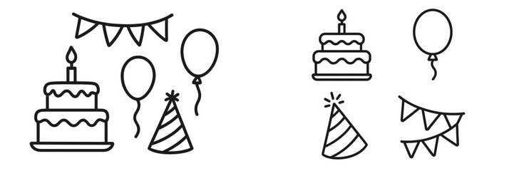 Festive celebration decorations with cake, balloons, and party hats for a joyful occasion
