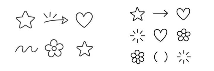 Unique line art featuring stars, hearts, and flowers in a playful design suitable for various creative projects