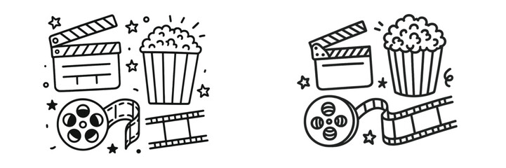 Creative doodles of popcorn boxes and film elements in a whimsical style showcasing a love for cinema