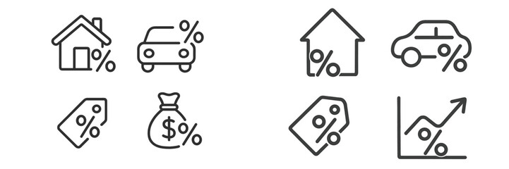 Icons representing financial concepts including percentages for real estate, vehicles, and investments in a minimalist design