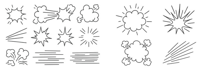 Different shapes of explosions and bursts depicted as simple line drawings suitable for creative projects, illustrations, or design elements