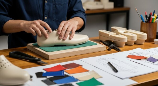 Close up of a shoemaker working on a shoe with tools sketches and leather samples on a wooden table