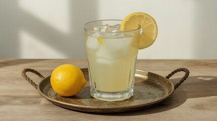 Refreshing iced lemonade in a clear glass, served with a lemon slice on a rustic wooden tray under natural sunlight. Perfect for summer beverage themes.
