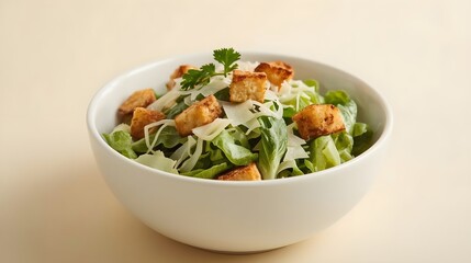 Fresh green salad with crunchy croutons and shredded cheese, garnished with parsley. Healthy and delicious in a clean white bowl.