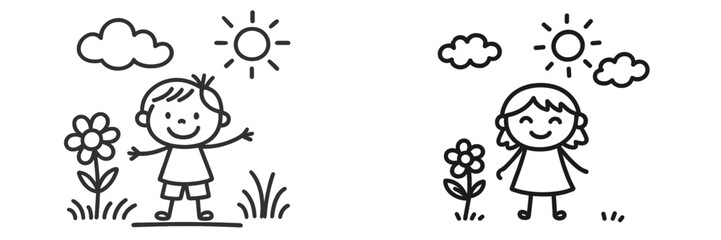 Kids enjoying a sunny day outside with flowers and clouds in a cheerful garden setting