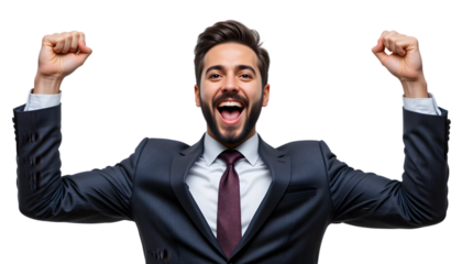 Joyful business professional celebrates success with elated expression and arms raised against a clean, transparent background.