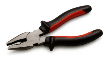 Combination pliers with red and black handles on transparent background