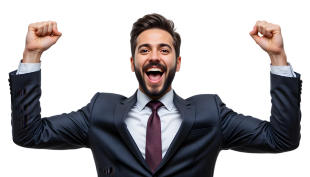 Joyful business professional celebrates success with elated expression and arms raised against a clean, transparent background.