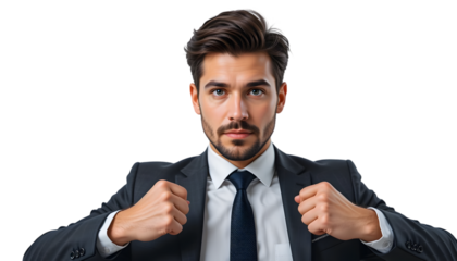 Confident young entrepreneur in a suit strikes a determined pose against a dark background, embodying power and success in business.