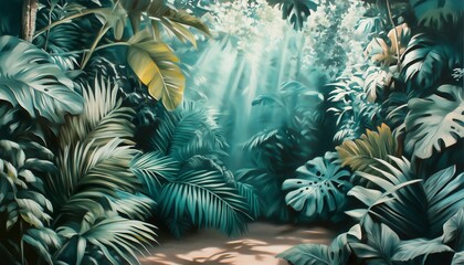 Lush Tropical Jungle Pathway with Sunlight and Dense Exotic Foliage
