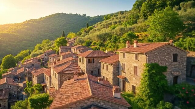 Aerial view of a quaint hillside village with stone buildings and terracotta roofs at sunset light