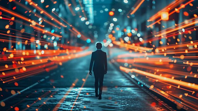 A man is walking down a street with a blurry background. The image has a dreamy, surreal quality to it, as if the man is walking through a tunnel or a portal