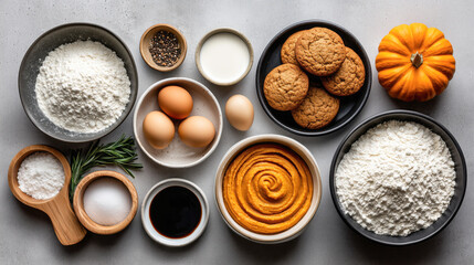 Ingredients for baking, including flour, eggs, pumpkin puree, cookies, and spices, arranged on a gray surface, showcasing a cozy autumn cooking atmosphere