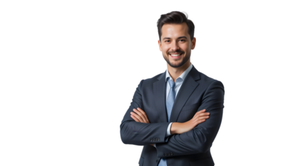 Confident businessman in a suit stands smiling with arms crossed against a clean background, perfect for professional concepts.
