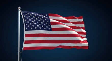 A realistic 3D animation of the American flag waving on a flagpole against a solid, dark blue background. A symbol of national pride.