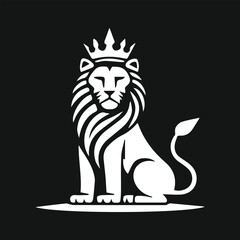 Ferocious Lion Sitting Black Silhouette Vector Illustration