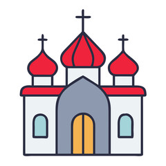 Orthodox church building with red domes and crosses in simple style  