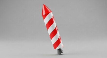 A 3D icon of a firework rocket with red and white stripes, ready to be launched for a celebration like the 4th of July or New Year's Eve. Isolated on grey.