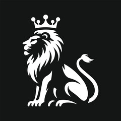 Ferocious Lion Sitting Black Silhouette Vector Illustration
