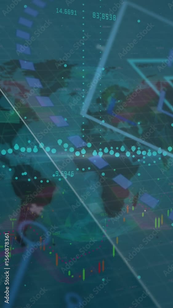 Poster animation of financial data processing and changing numbers over world map against blue background
