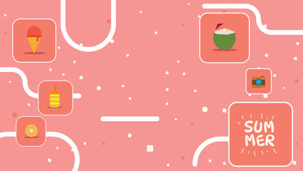 Flat Design Summer Food and Drink Icons on Pink Background for Holiday Banner and Poster