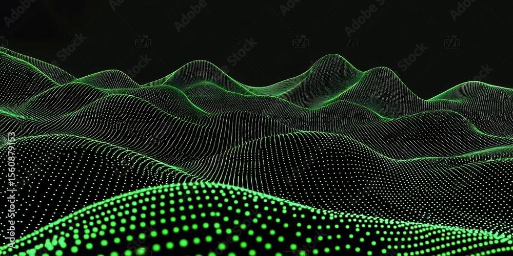 Poster abstract black dark background with green dots and lines, a wave pattern on the surface of mountains
