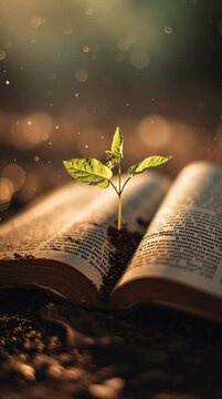 Morning Sun Bible Growth &ndash; Animated Close-Up of Open Book with Green Sprouts, Knowledge is Power, Bible Study Class Video