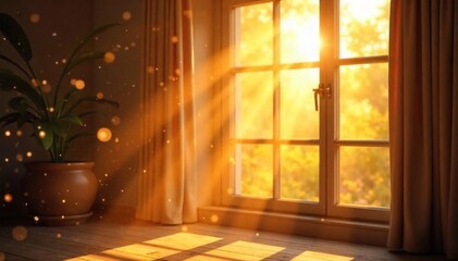Golden Hour Sunlight Streams Through Window, Dust Motes Dance in Warm, Joyful Light, Perfect for Peace, Contentment, and Well-being Concepts