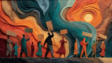 Abstract art of social justice movements human silhouettes holding signs ripple effects symbolizing change earth tones hopeful energy layered collective behavior symbolism