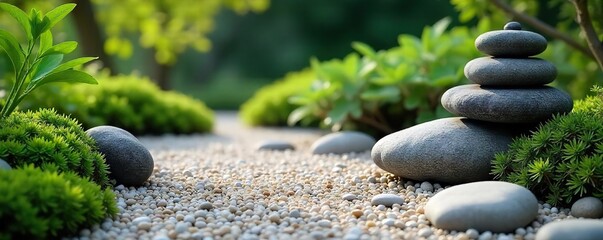 Serene Zen Garden Raked Gravel, Smooth Stones, Miniature Plants Create a Peaceful Meditative Atmosphere Ideal for Mindfulness, Relaxation, and Spiritual Reflection