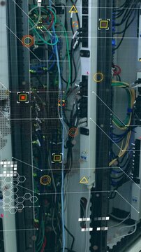 Data processing over globe and world map against caucasian female enginner working at server room