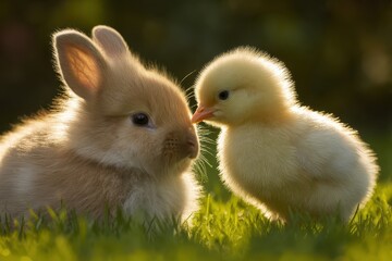 A fluffy rabbit and an adorable chick interact closely in a green garden. The warm, soft light highlights their fur and feathers, creating a peaceful, ...

