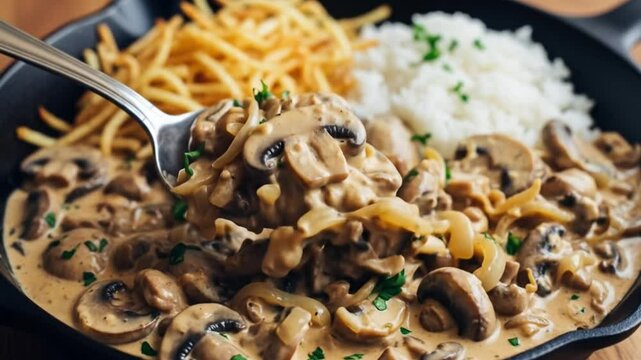 Creamy mushroom stroganoff recipe with rice and fries delicious food photography style photo video 4k