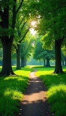 Sun-Dappled Path Through a Serene Green Park Tranquil Landscape Photography Ideal for Nature, Travel, and Relaxation Themes