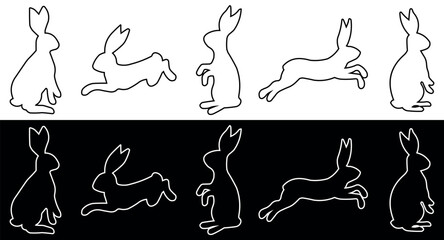 Easter Bunny Silhouettes in Various Poses. Vector illustration.