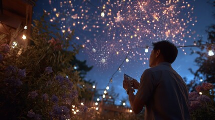 Man watching fireworks and filming with phone in festive garden at night